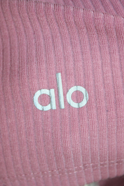 Alo Womens Cropped Striped Zip Long Sleeve Round Neck Top Pink Size M