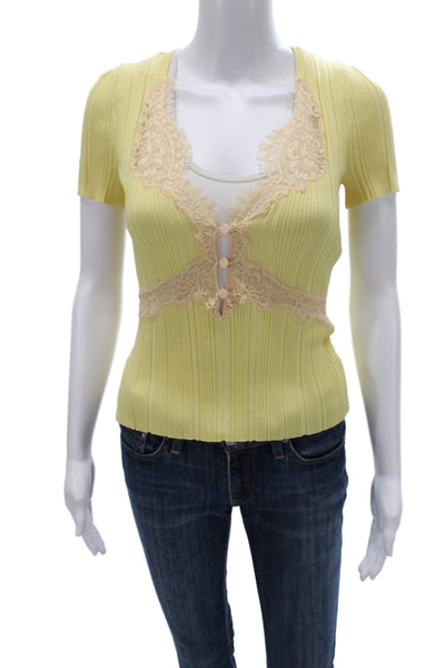 Self Portrait Women Yellow V-Neck Short Sleeve Blouse Size S