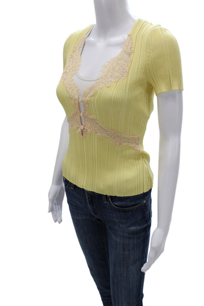 Self Portrait Women Yellow V-Neck Short Sleeve Blouse Size S
