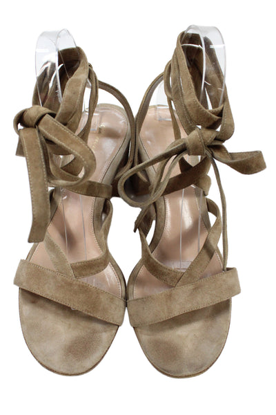 Gianvito Rossi Womens Suede Strappy Lace Up Sandal Heels Beige Size 38.5 8.5