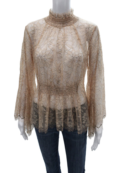 Alice McCall Women Beige Lace Mesh Floral High Neck Long Sleeve Blouse Size 2