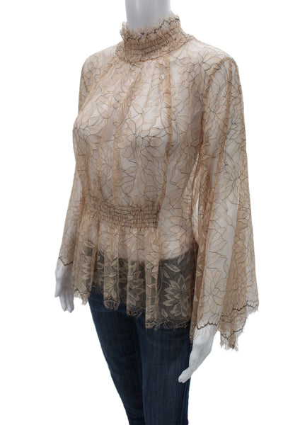 Alice McCall Women Beige Lace Mesh Floral High Neck Long Sleeve Blouse Size 2
