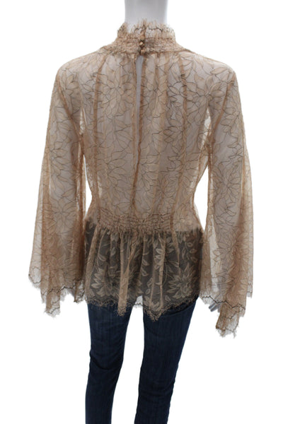 Alice McCall Women Beige Lace Mesh Floral High Neck Long Sleeve Blouse Size 2