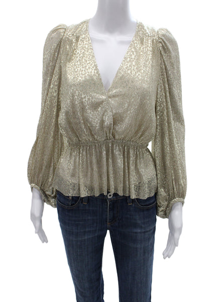 Ba&Sh Womens V-Neck Beige Long Sleeve Metallic Polyester Blouse Size XS
