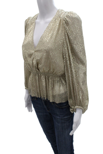 Ba&Sh Womens V-Neck Beige Long Sleeve Metallic Polyester Blouse Size XS