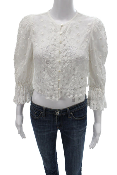Love Shack Fancy Womens Cropped Button Up Blouse White 3/4 Sleeve Size XS