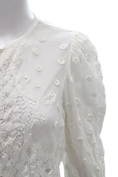 Love Shack Fancy Womens Cropped Button Up Blouse White 3/4 Sleeve Size XS