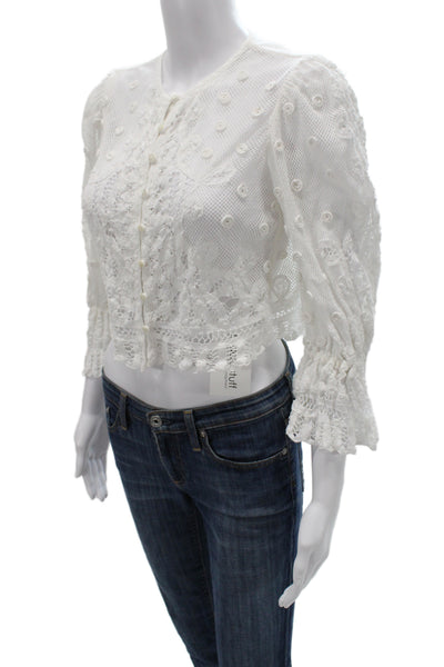 Love Shack Fancy Womens Cropped Button Up Blouse White 3/4 Sleeve Size XS