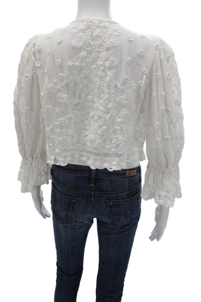 Love Shack Fancy Womens Cropped Button Up Blouse White 3/4 Sleeve Size XS