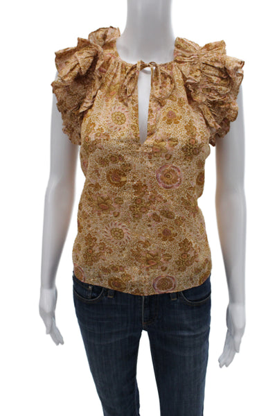 Ulla Johnson Womens Floral Tie Blouse Short Sleeve Beige Size 0