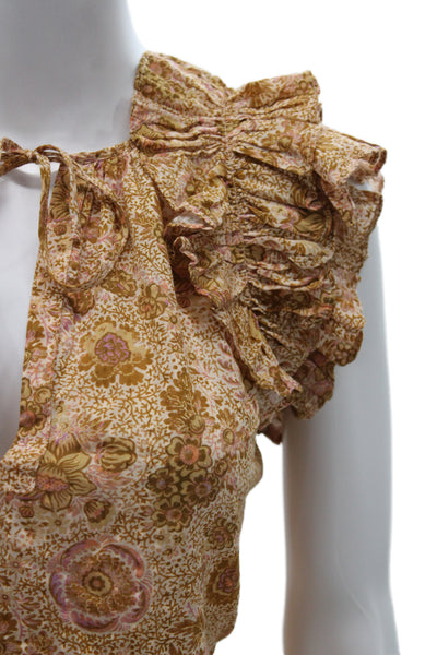 Ulla Johnson Womens Floral Tie Blouse Short Sleeve Beige Size 0