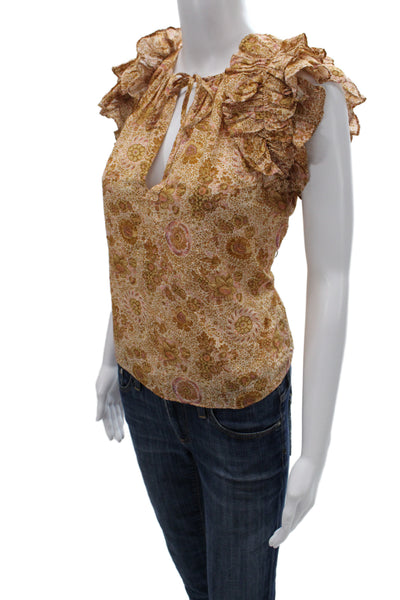 Ulla Johnson Womens Floral Tie Blouse Short Sleeve Beige Size 0