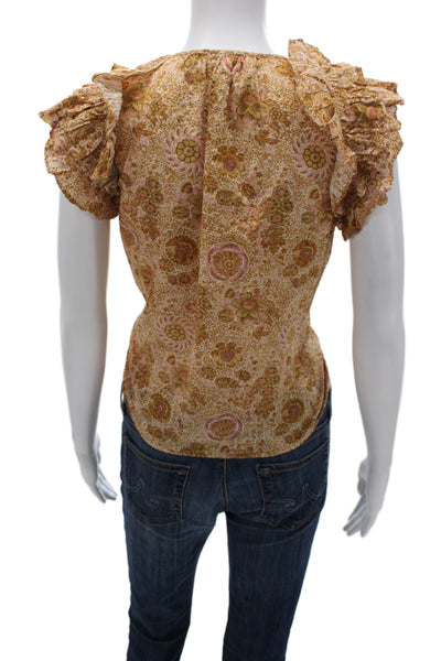 Ulla Johnson Womens Floral Tie Blouse Short Sleeve Beige Size 0