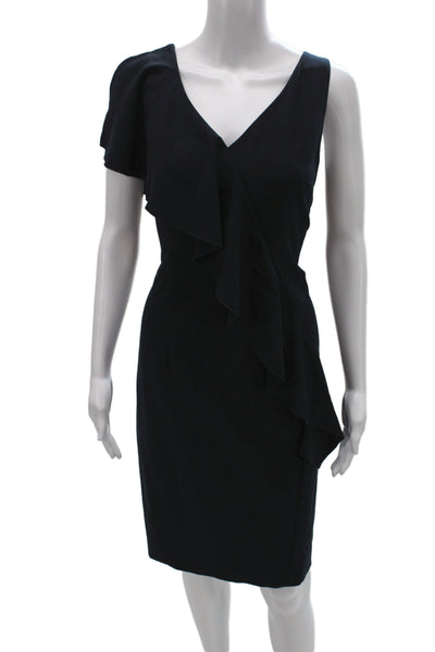 Elie Tahari Womens Sheath Dress Black V Neck Midi Zip Size 4