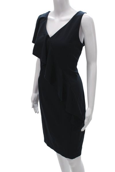 Elie Tahari Womens Sheath Dress Black V Neck Midi Zip Size 4