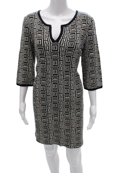 St. John Collection Women Sheath Sweater Dress Black 3/4 Sleeve Aztec Size 12