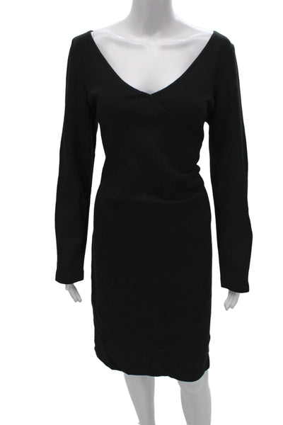 St. John Womens Sheath Dress Black V Neck Long Sleeve Zip Cotton Size 12