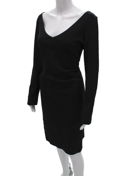 St. John Womens Sheath Dress Black V Neck Long Sleeve Zip Cotton Size 12