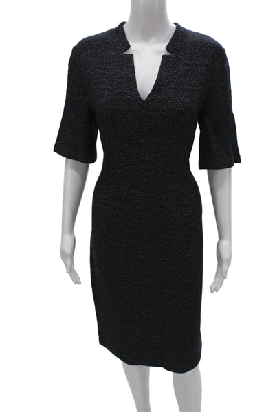 St. John Women Sheath Pencil Dress Dark Blue Herringbone 3/4 Sleeve Size 12