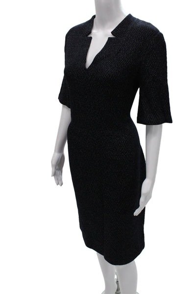 St. John Women Sheath Pencil Dress Dark Blue Herringbone 3/4 Sleeve Size 12