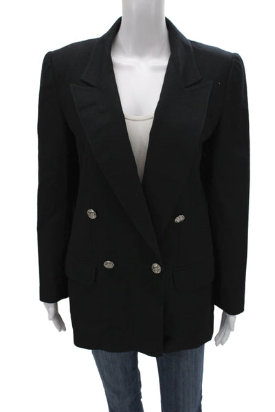 Designer Womens Black Wool Blazer Collared Long Sleeve Classic Size S
