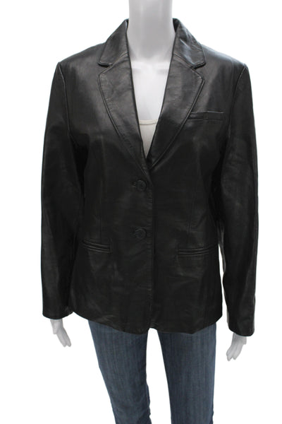 Rafaella Womens Black Genuine Leather Blazer Collared Button Long Sleeve Size 6