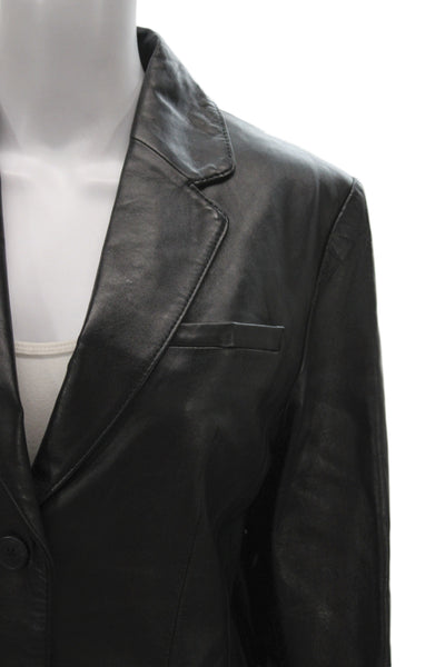 Rafaella Womens Black Genuine Leather Blazer Collared Button Long Sleeve Size 6