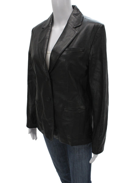 Rafaella Womens Black Genuine Leather Blazer Collared Button Long Sleeve Size 6