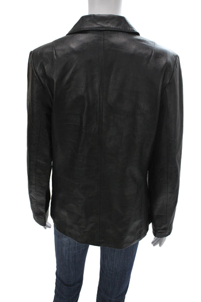 Rafaella Womens Black Genuine Leather Blazer Collared Button Long Sleeve Size 6