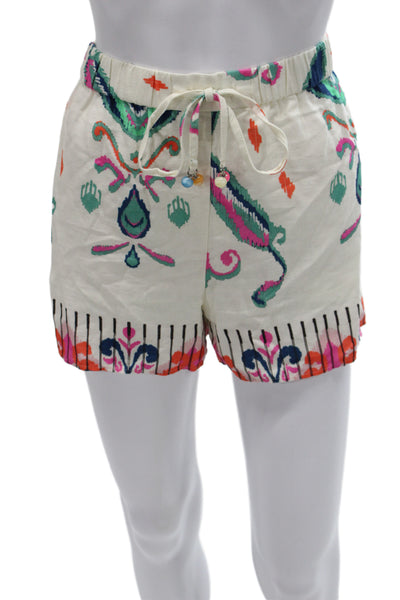 Zara Unisex Paisley Linen Viscose Drawstring Bohemian Shorts White Size M