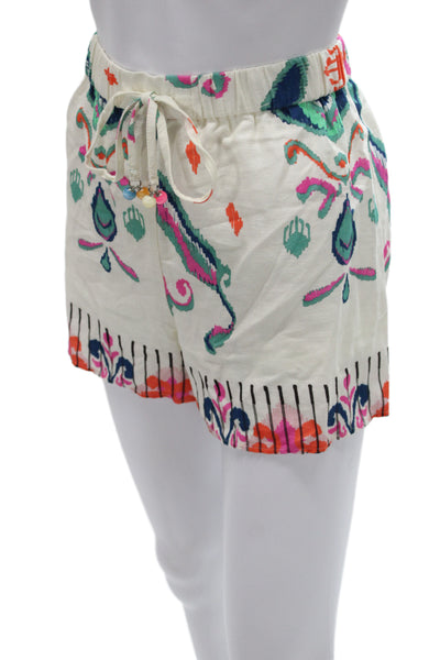 Zara Unisex Paisley Linen Viscose Drawstring Bohemian Shorts White Size M