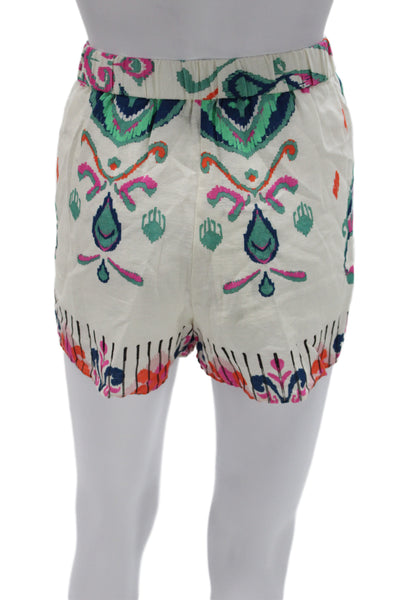 Zara Unisex Paisley Linen Viscose Drawstring Bohemian Shorts White Size M