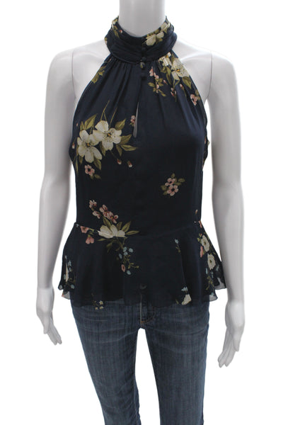 Joie Womens Sleeveless High Neck Floral Silk Blouse Dark Blue Button Size 4