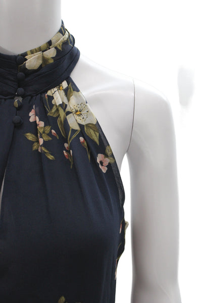 Joie Womens Sleeveless High Neck Floral Silk Blouse Dark Blue Button Size 4