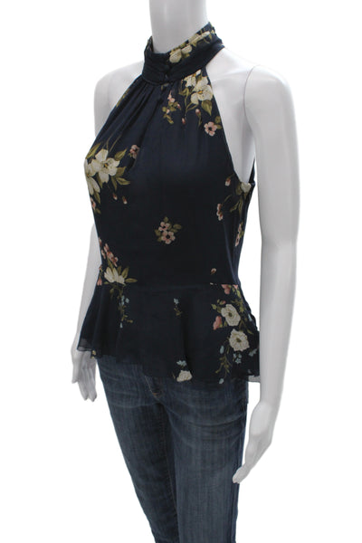Joie Womens Sleeveless High Neck Floral Silk Blouse Dark Blue Button Size 4