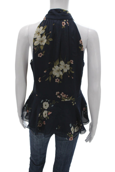 Joie Womens Sleeveless High Neck Floral Silk Blouse Dark Blue Button Size 4