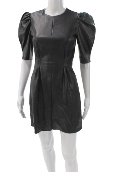 Zara Womens Black Leather Mini Sheath Dress Round Neck 3/4 Sleeve 80s Size XS