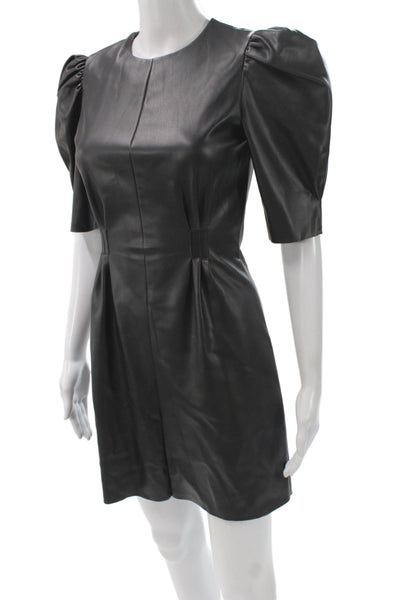 Zara Womens Black Leather Mini Sheath Dress Round Neck 3/4 Sleeve 80s Size XS