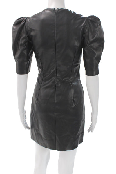 Zara Womens Black Leather Mini Sheath Dress Round Neck 3/4 Sleeve 80s Size XS