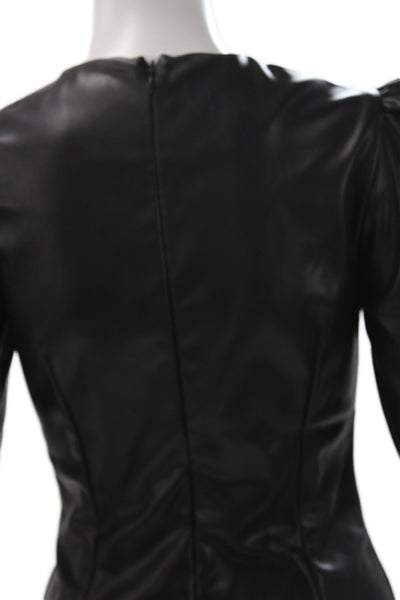 Zara Womens Black Leather Mini Sheath Dress Round Neck 3/4 Sleeve 80s Size XS