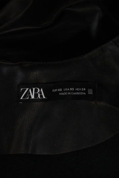 Zara Womens Black Leather Mini Sheath Dress Round Neck 3/4 Sleeve 80s Size XS