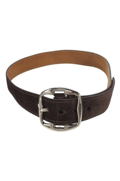 Prada Womens Suede Silver Tone Large Buckle Belt Dark Brown Size 32