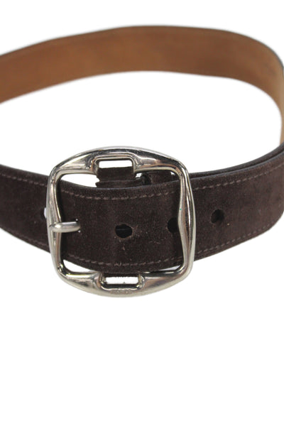 Prada Womens Suede Silver Tone Large Buckle Belt Dark Brown Size 32