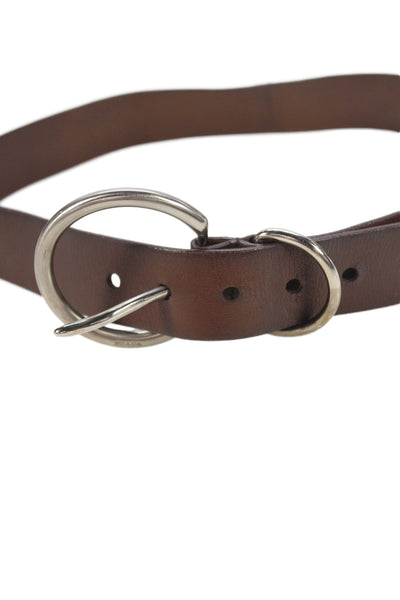 Prada Womens Leather Silver Tone Oval Buckle Belt Hickory Brown Size 32