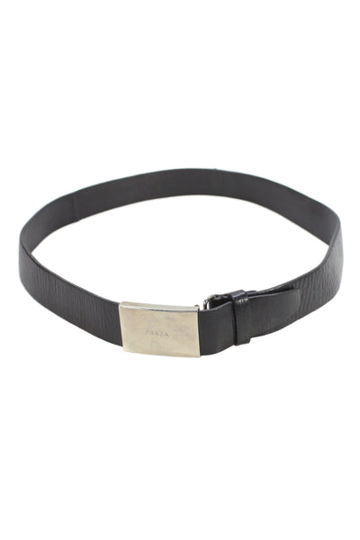 Prada Womens Leather Silver Tone Buckle Belt Black Size 30