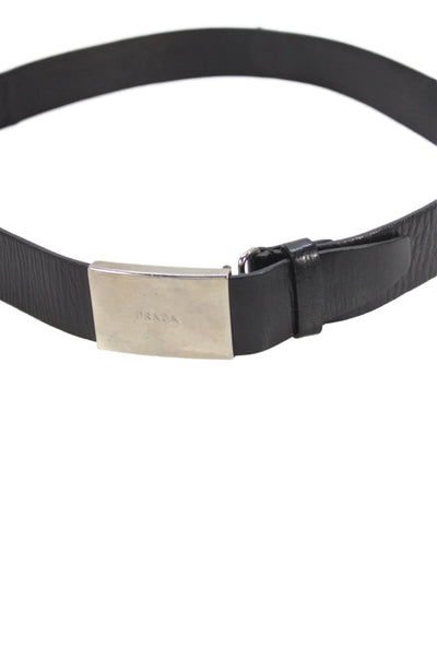 Prada Womens Leather Silver Tone Buckle Belt Black Size 30