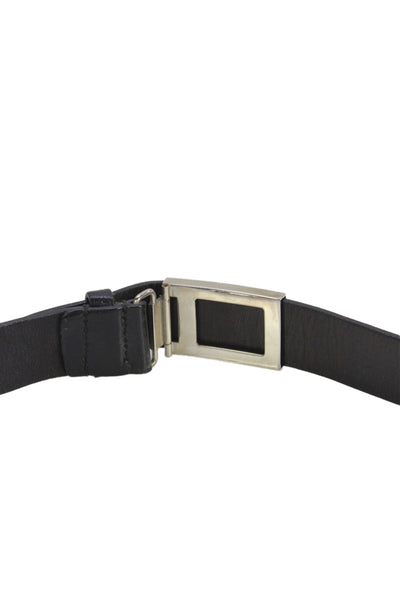 Prada Womens Leather Silver Tone Buckle Belt Black Size 30