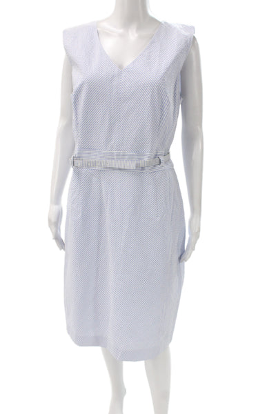 Brooks Brothers Women Sheath Dress Light Blue Striped V-Neck Sleeveless Size 14