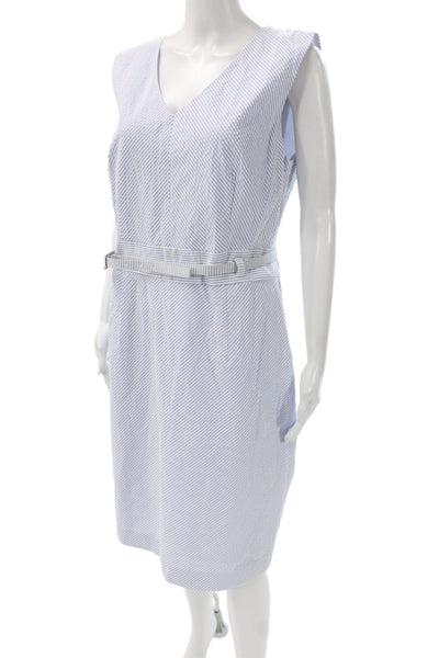 Brooks Brothers Women Sheath Dress Light Blue Striped V-Neck Sleeveless Size 14