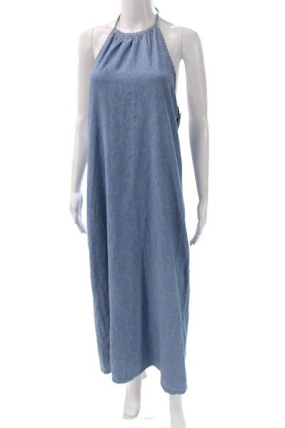 Rag & Bone Womens Denim Maxi Slip Dress Blue High Neck Tie Sleeveless Size L